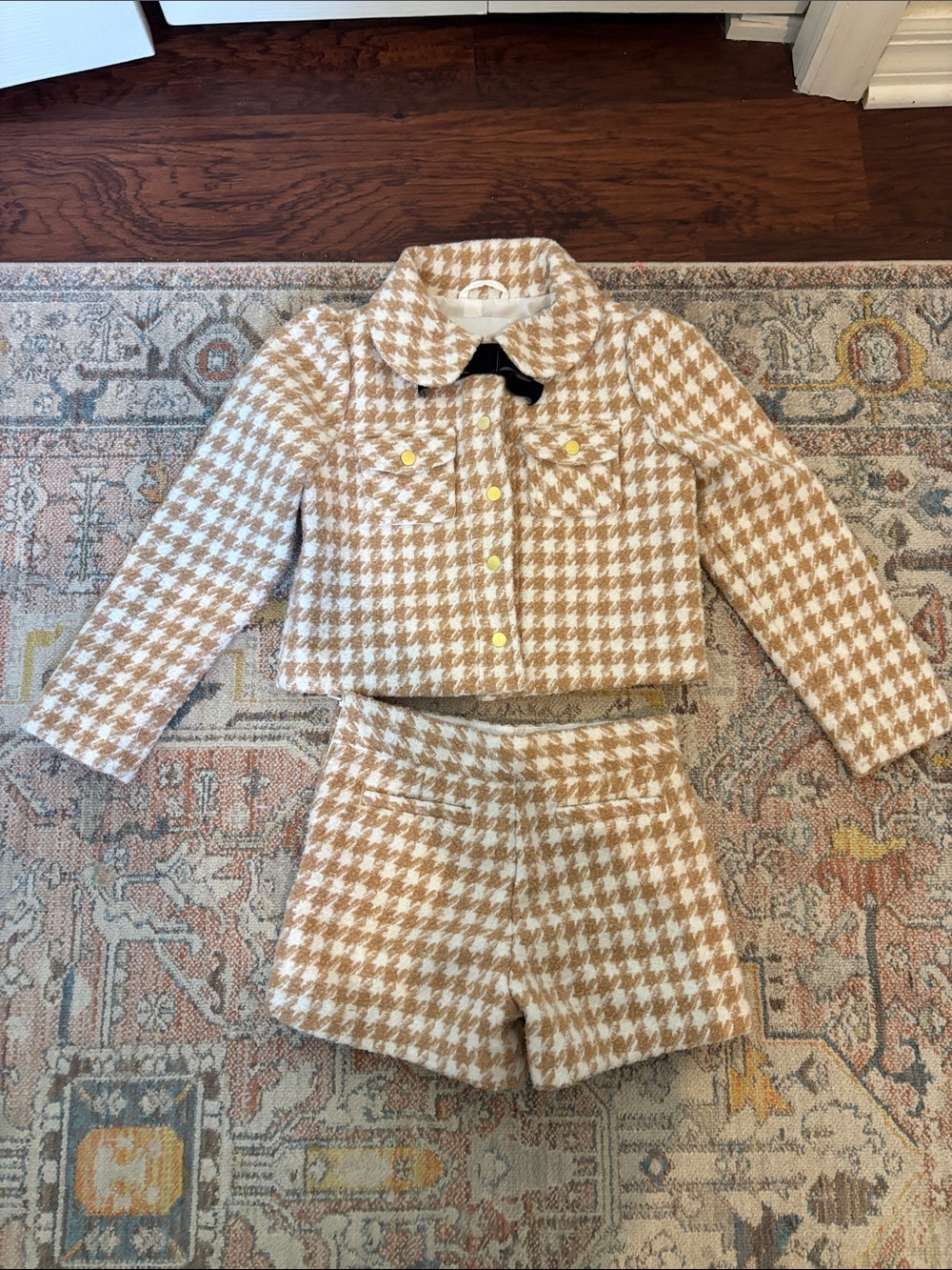 Janie and Jack Houndstooth Tweed Jacket & Short Set - Cream and Tan